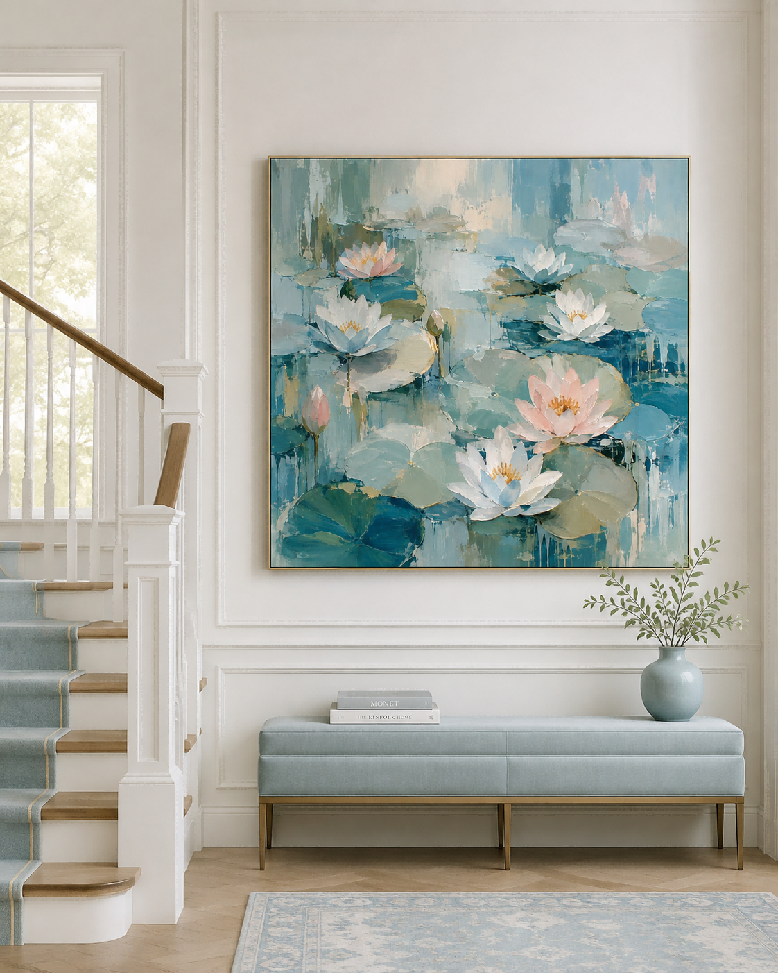 Hand-Painted Water Lilies Abstract Canvas Art With Blue And Pink Tones Hand-Painted Water Lilies Abstract Canvas Art With Blue And Pink Tones