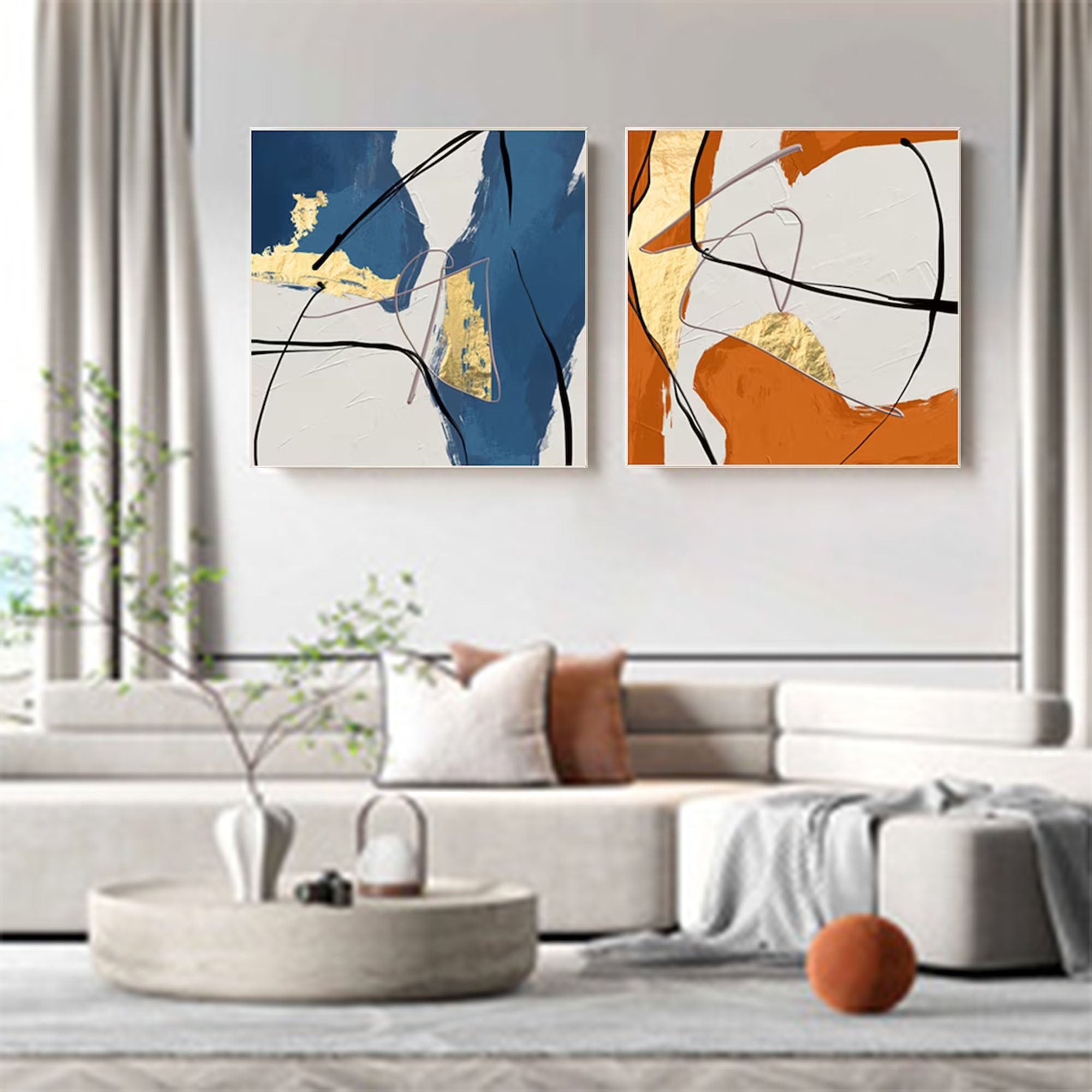 Set of 2 Large Abstract Modern Gold Blue Orange Square Colorful Original Oil Painting On Canvas Living Room
