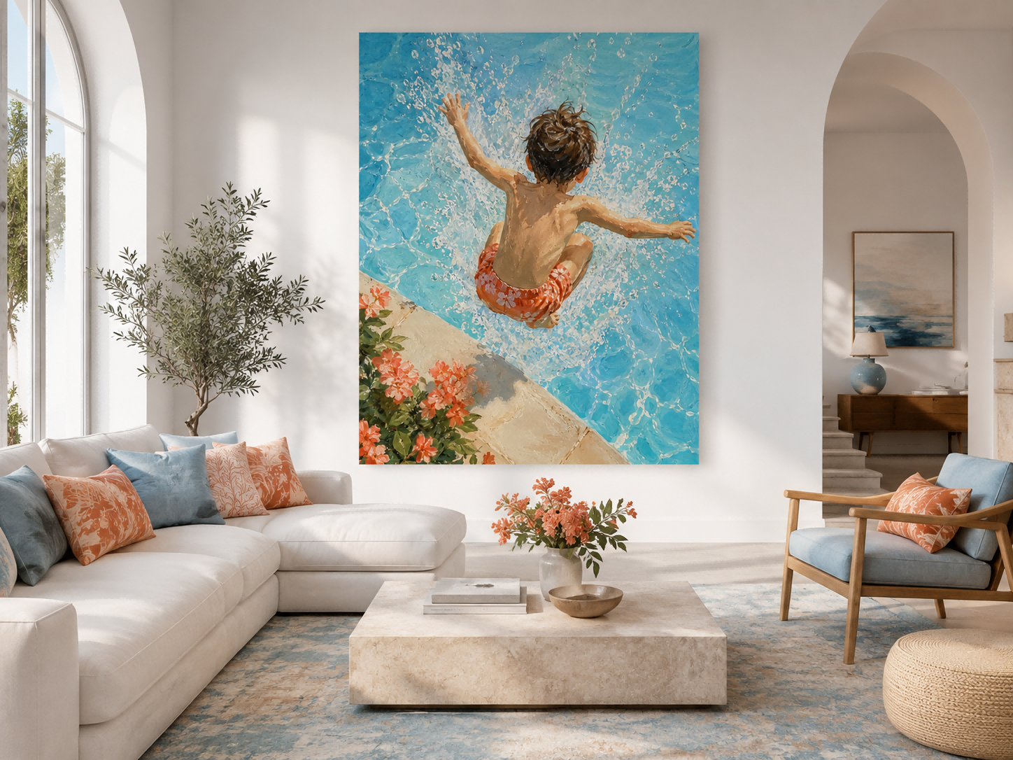 Realistic Impressionist Swimming Pool Art Hand Painted Canvas For Beach House Decor