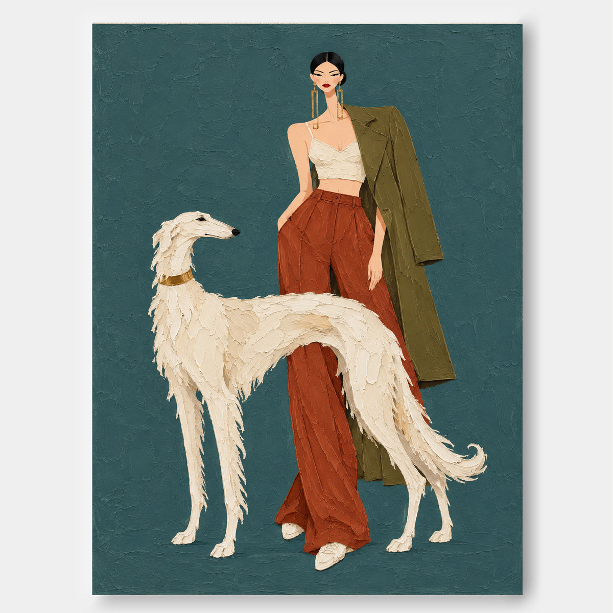 Fashion Woman And White Borzoi Dog Hand-Painted Canvas Art In Rust Red And Teal
