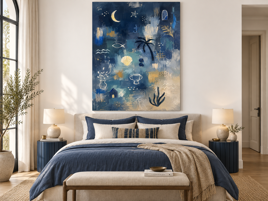 Modern Textured Abstract Painting With Gold Accents Ocean Theme Wall Art