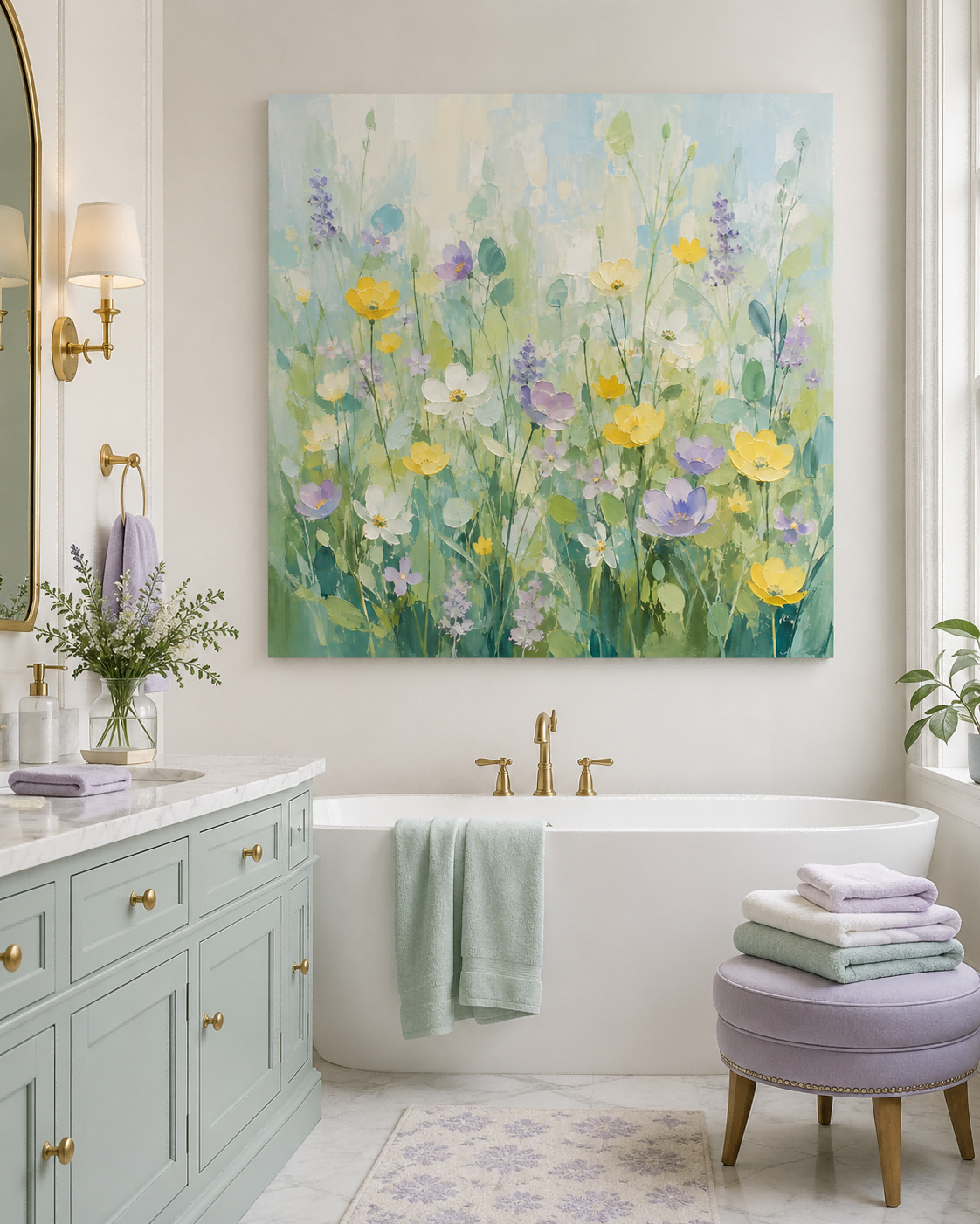 Hand-Painted Floral Meadow Canvas Art With Impasto Texture For Modern Home
