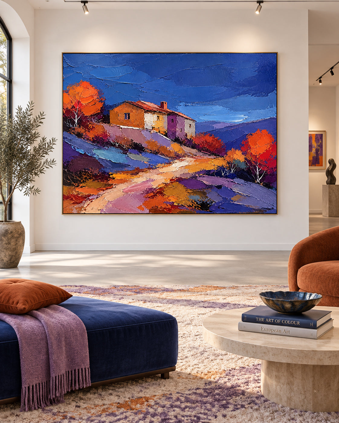 Hand-Painted Autumn Landscape With Cottage And Colorful Hills Canvas Art