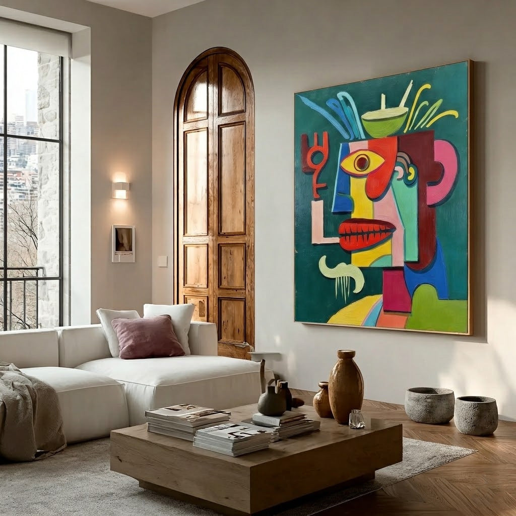 Quirky Cubist Face Art Print With Bold Colors And Expressive Brushstrokes For Eclectic Interiors