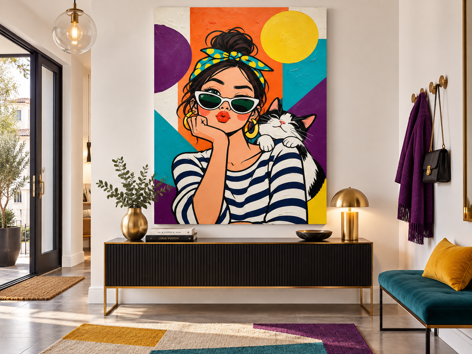 Retro Pop Art Canvas Painting Geometric Bright Colors Original