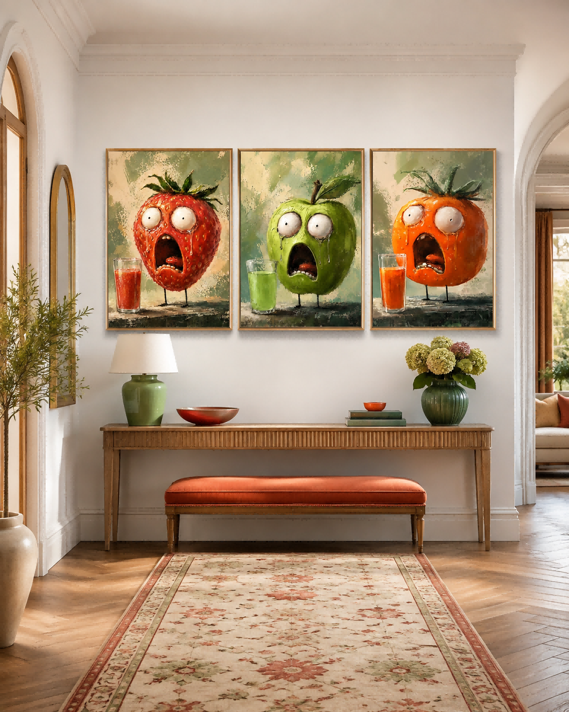 3P Original Oil Painting Of Anthropomorphic Fruits With Expressive Textured Finish