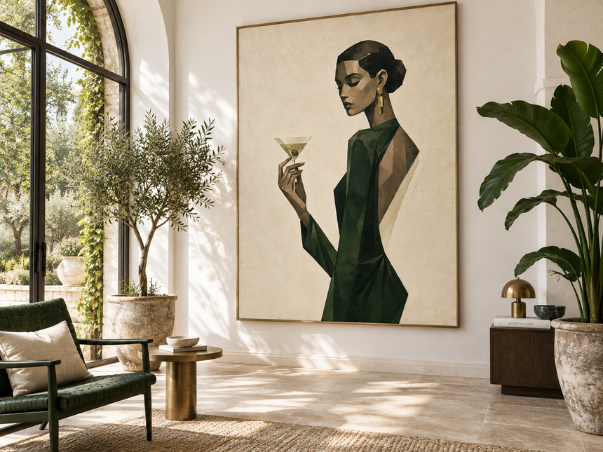 Vintage Woman With Martini Geometric Canvas Painting In Green And Beige