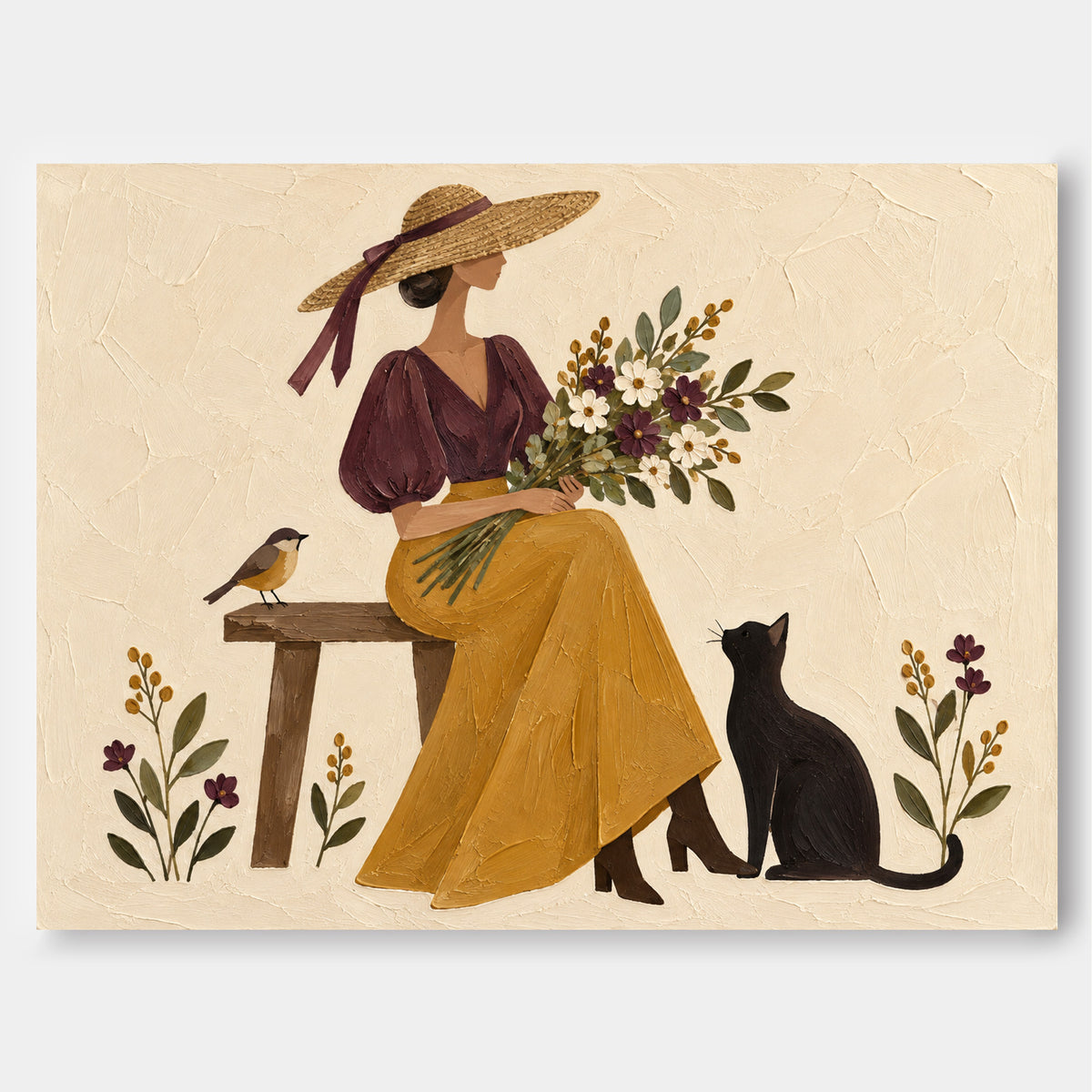 Lady With Flowers And Cat Hand-Painted Canvas Wall Art In Vintage Style