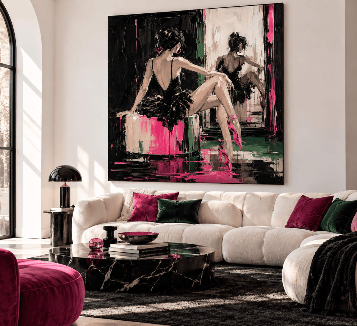 Ballerina In Black And Pink Hand-Painted Canvas Art For Modern Walls Abstract Art With Gothic Elegance