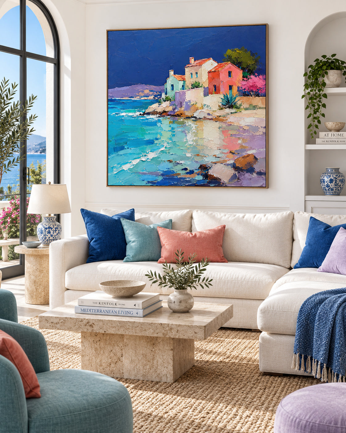 Colorful Mediterranean Coastal Houses With Sea Reflections Hand-Painted Canvas Art
