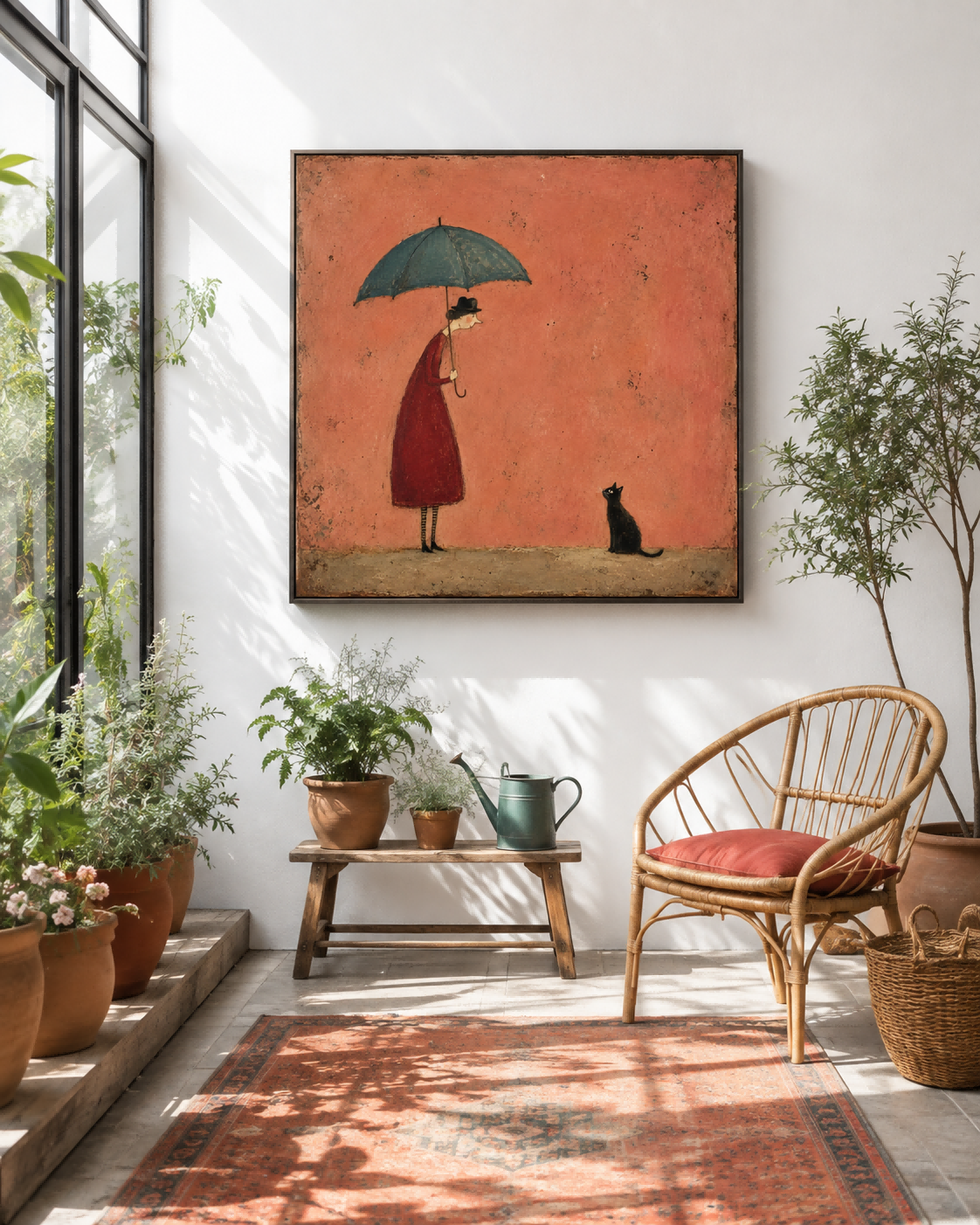 Whimsical Retro Illustration Style Original Art On Canvas Lady With Umbrella And Black Cat Vintage Canvas Painting