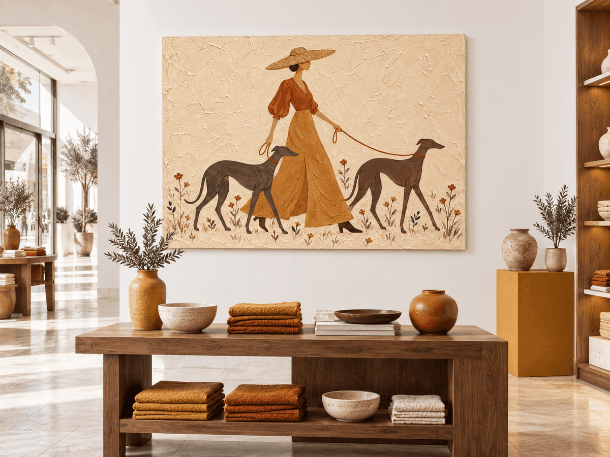 Vintage Woman With Dogs Canvas Painting Abstract Pastoral Art Beige