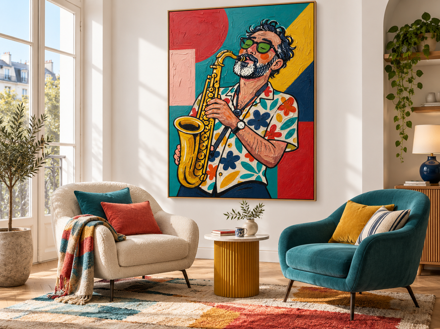 Modern Pop Art Canvas Painting Of A Bearded Man With Glasses Playing Sax In Retro Style