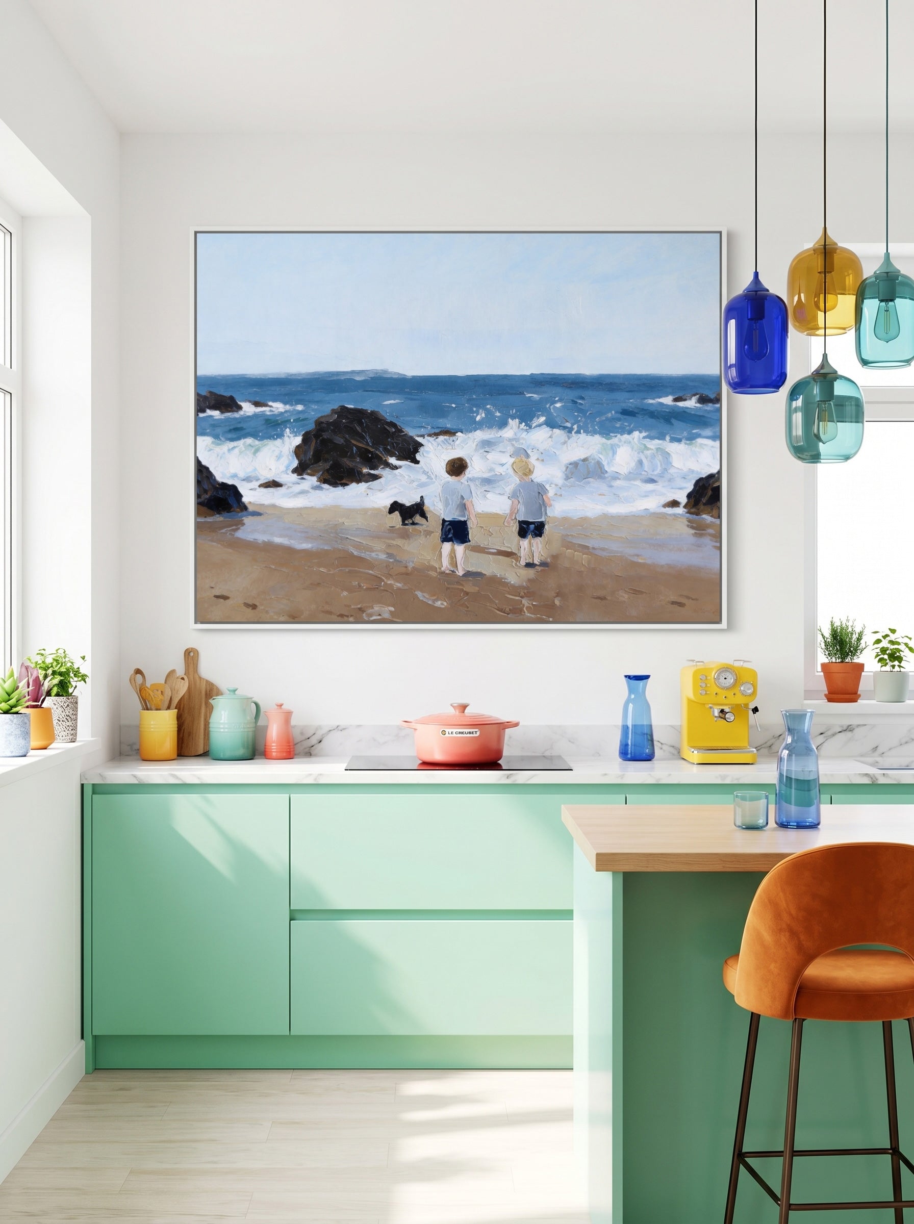 Hand Painted Beach Scene With Children And Pet Dog Nostalgic Family Wall Art