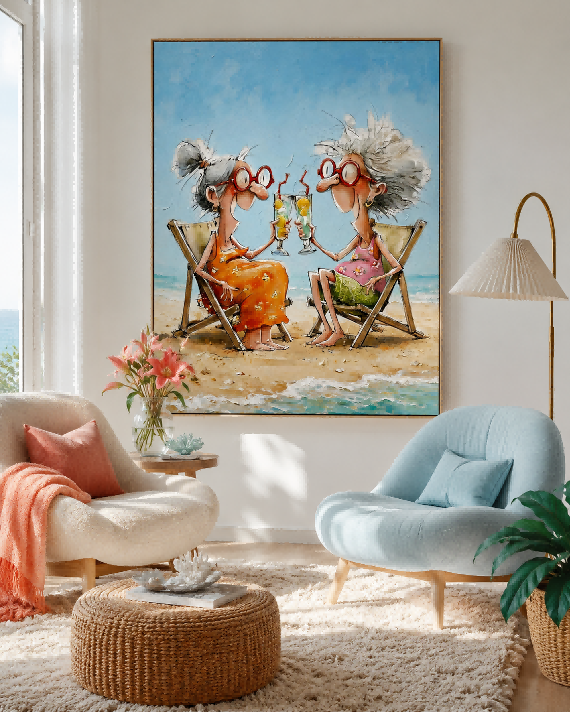 Colorful Illustrative Canvas Art Featuring Funny Seniors At The Beach In Orange And Pink