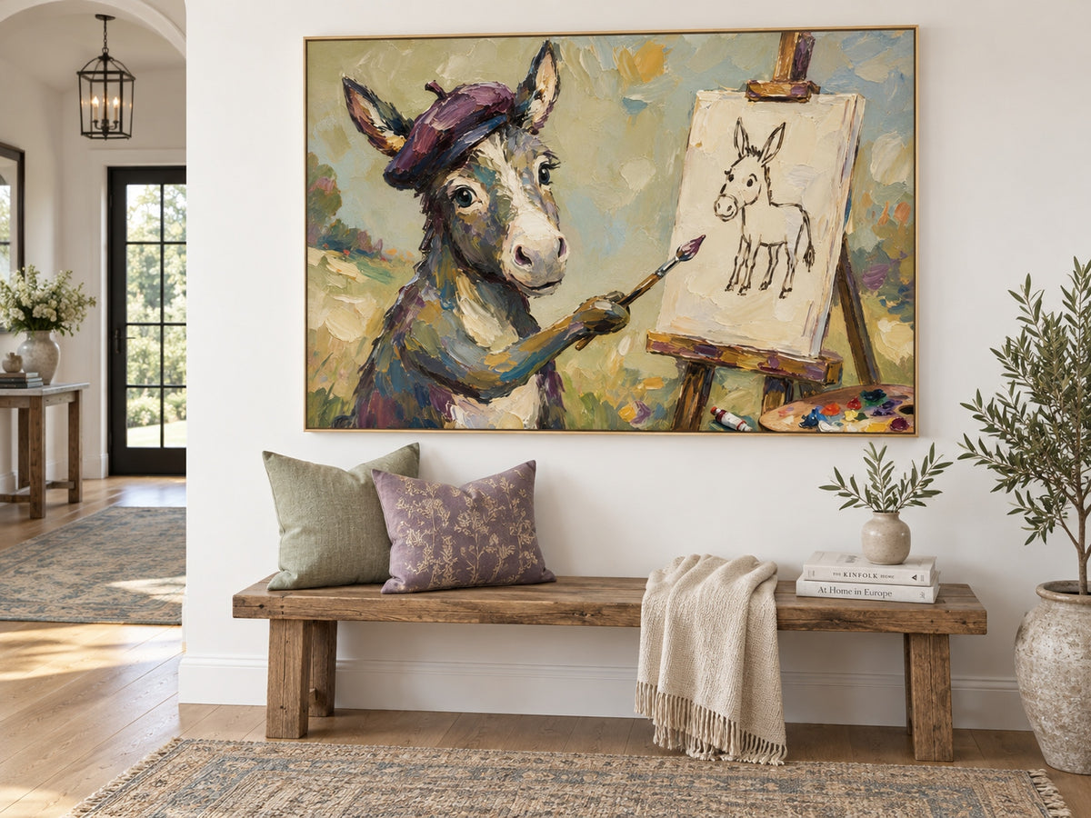 Hand-Painted Donkey Artist Canvas Painting With Beret In Olive Green Tones