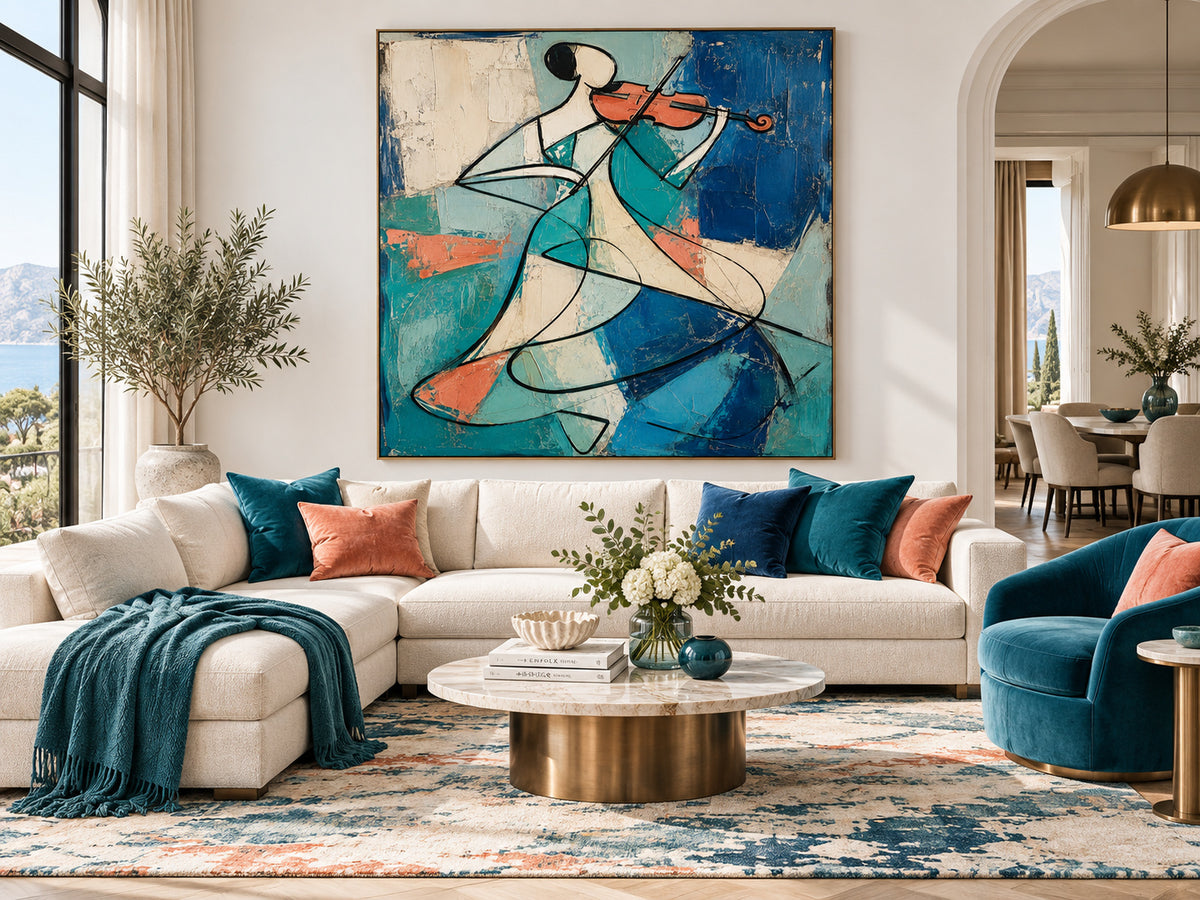 Cubist Style Geometric Abstract Painting With Textured Blue And Orange Tones