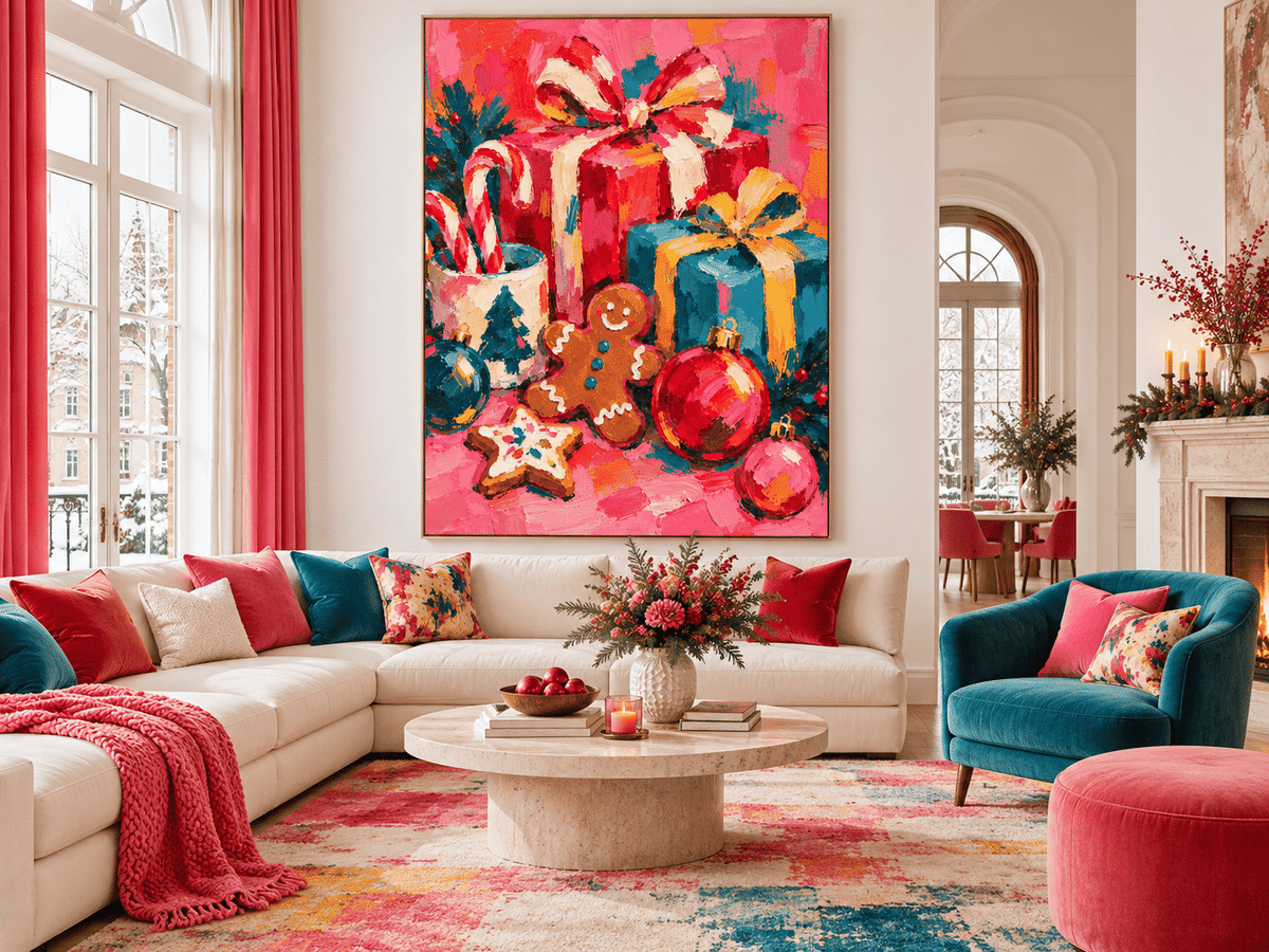 Abstract Vintage Holiday Painting With High Saturation Magenta And Teal Tones