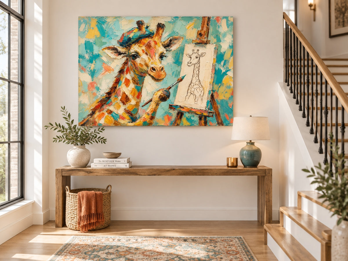 Hand-Painted Giraffe Artist Canvas Painting With Beret And Easel