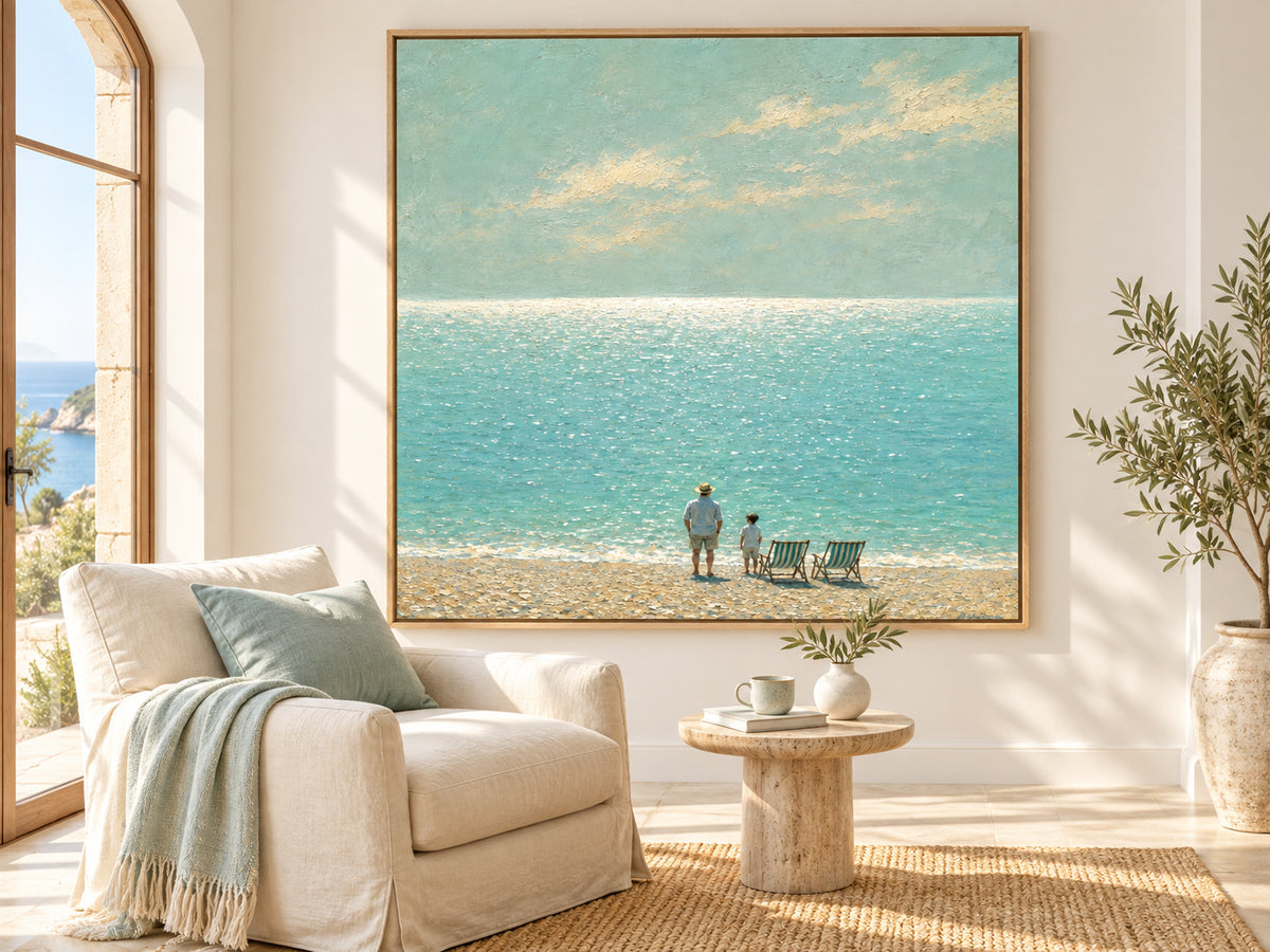 Father And Son Beach Scene Hand-Painted Canvas Art In Soft Blue Tones