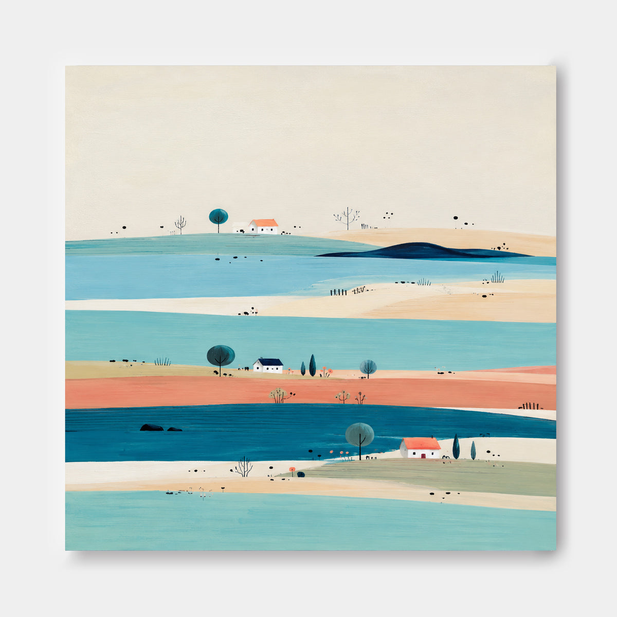 Hand-Painted Minimalist Landscape With Blue River And Houses