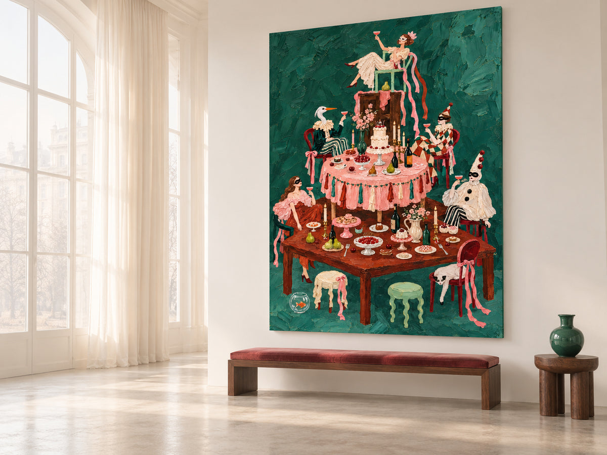 Surreal Masquerade Feast Hand-Painted Canvas Art With Green Background