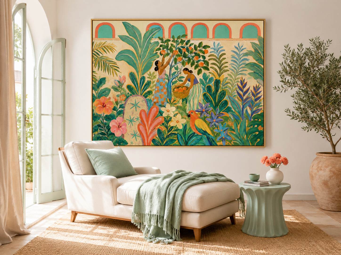 Fantasy Landscape Oil Painting In Art Deco Style Featuring Fruit Picking And Exotic Birds On Canvas