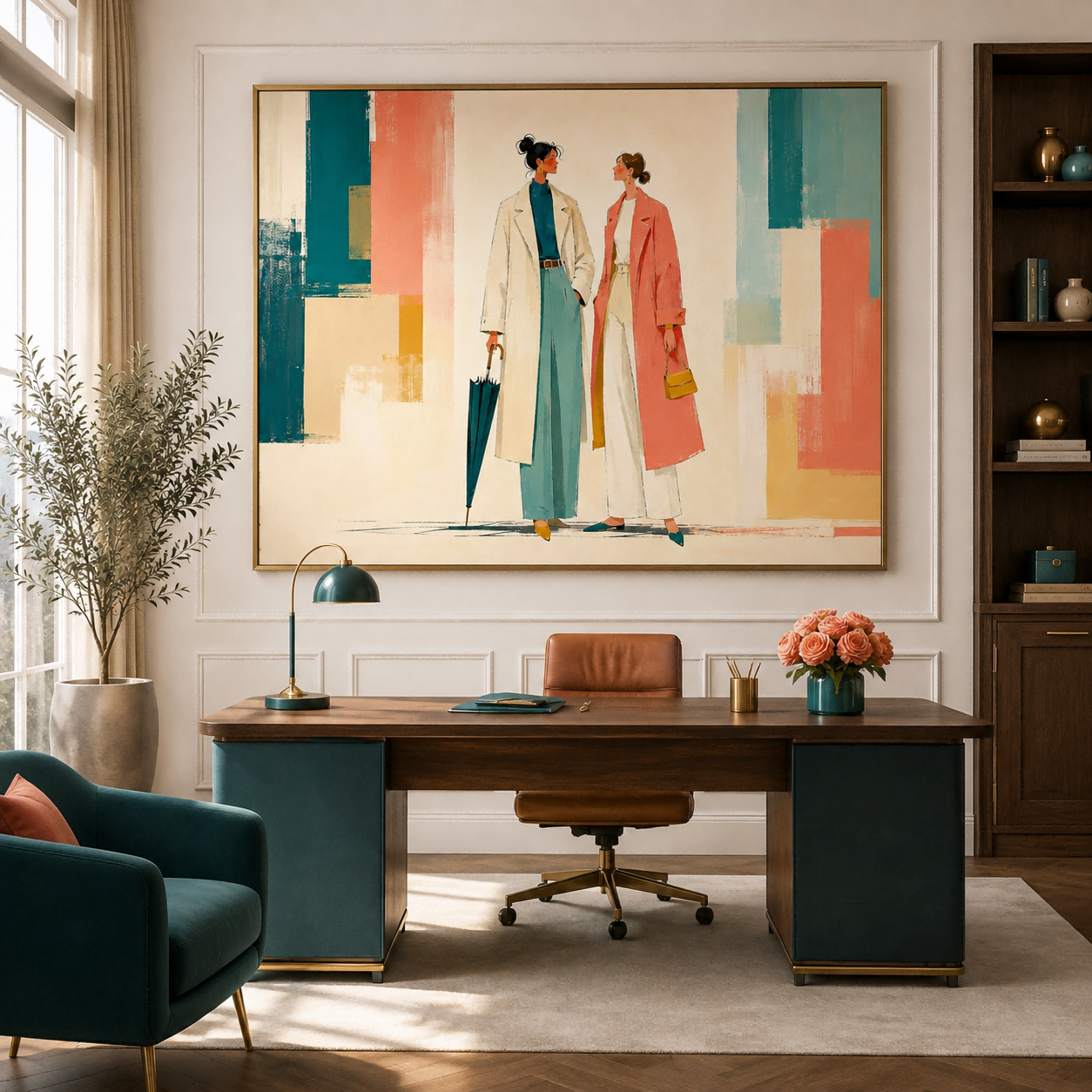 Modern Geometric People Art Print With Teal And Coral For Living Room Decor