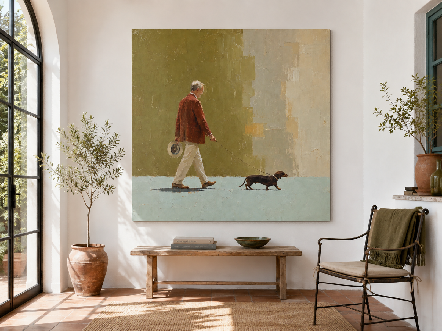 Classic Modern Figurative Art Oil Painting Of Gentleman With Pet