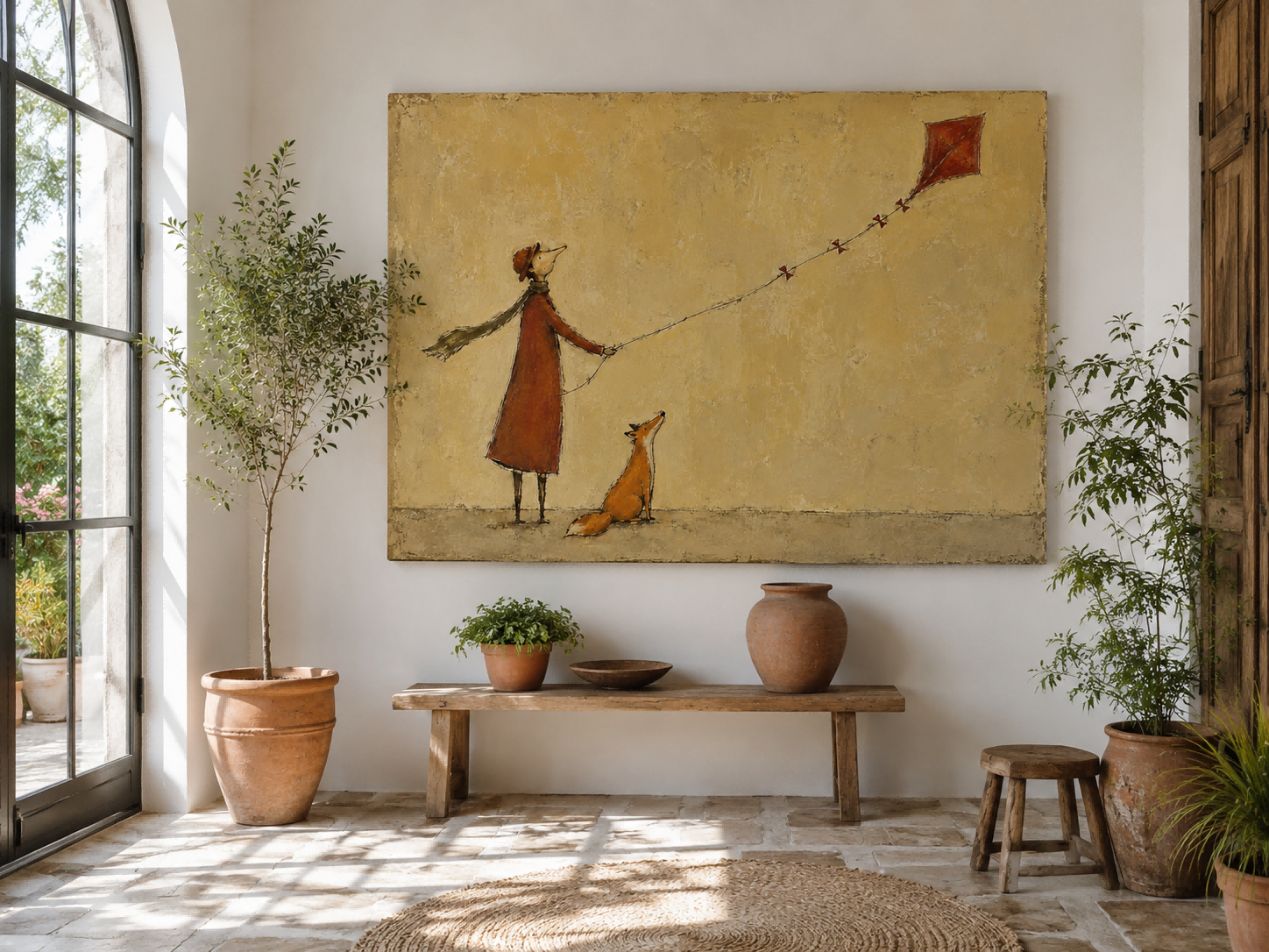 Hand-Painted Fox And Person With Red Kite Canvas Art For Home