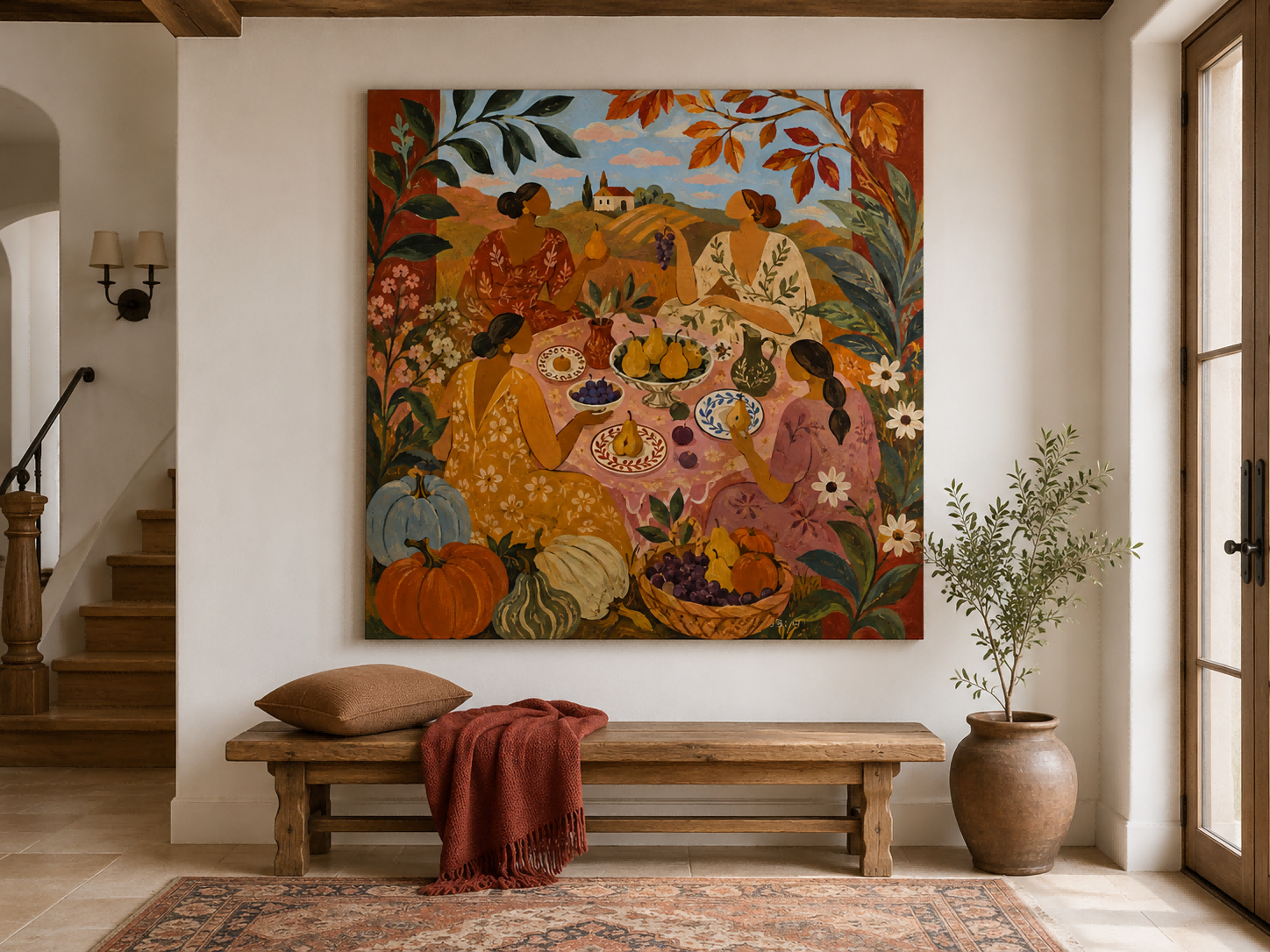 Fantasy Style Original Canvas Painting Of Outdoor Picnic With Floral Details