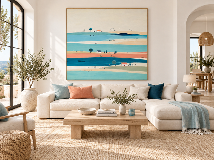 Hand-Painted Minimalist Landscape With Blue River And Houses