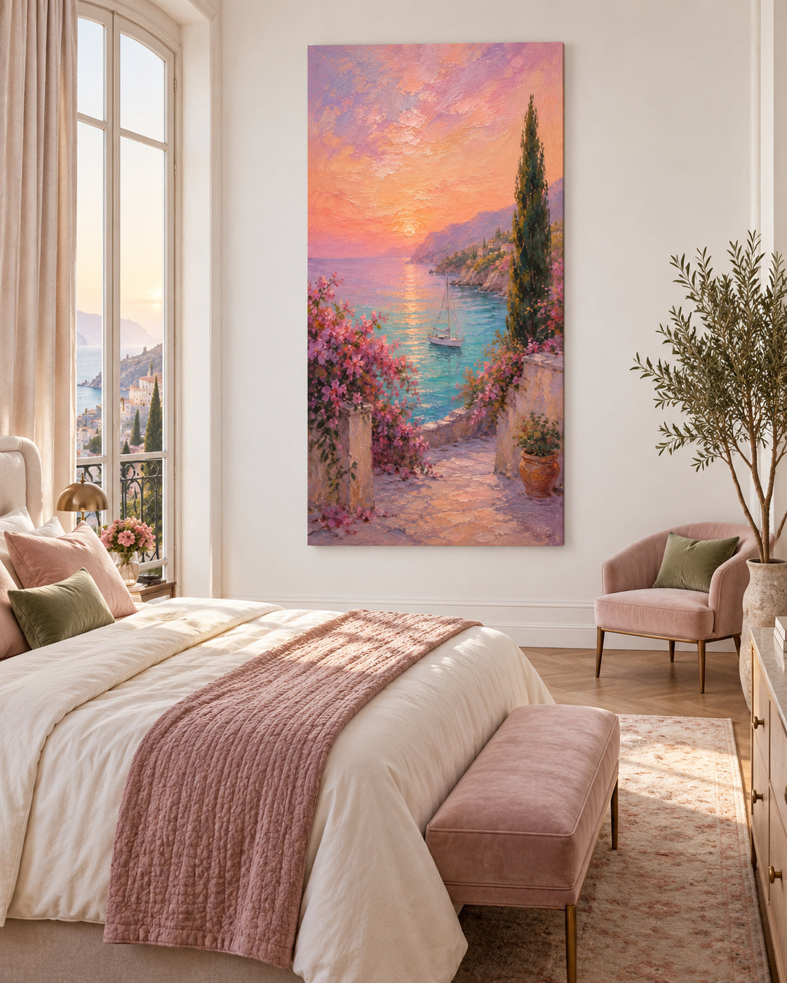 Hand-Painted Mediterranean Sunset Seascape With Sailboat Canvas Art