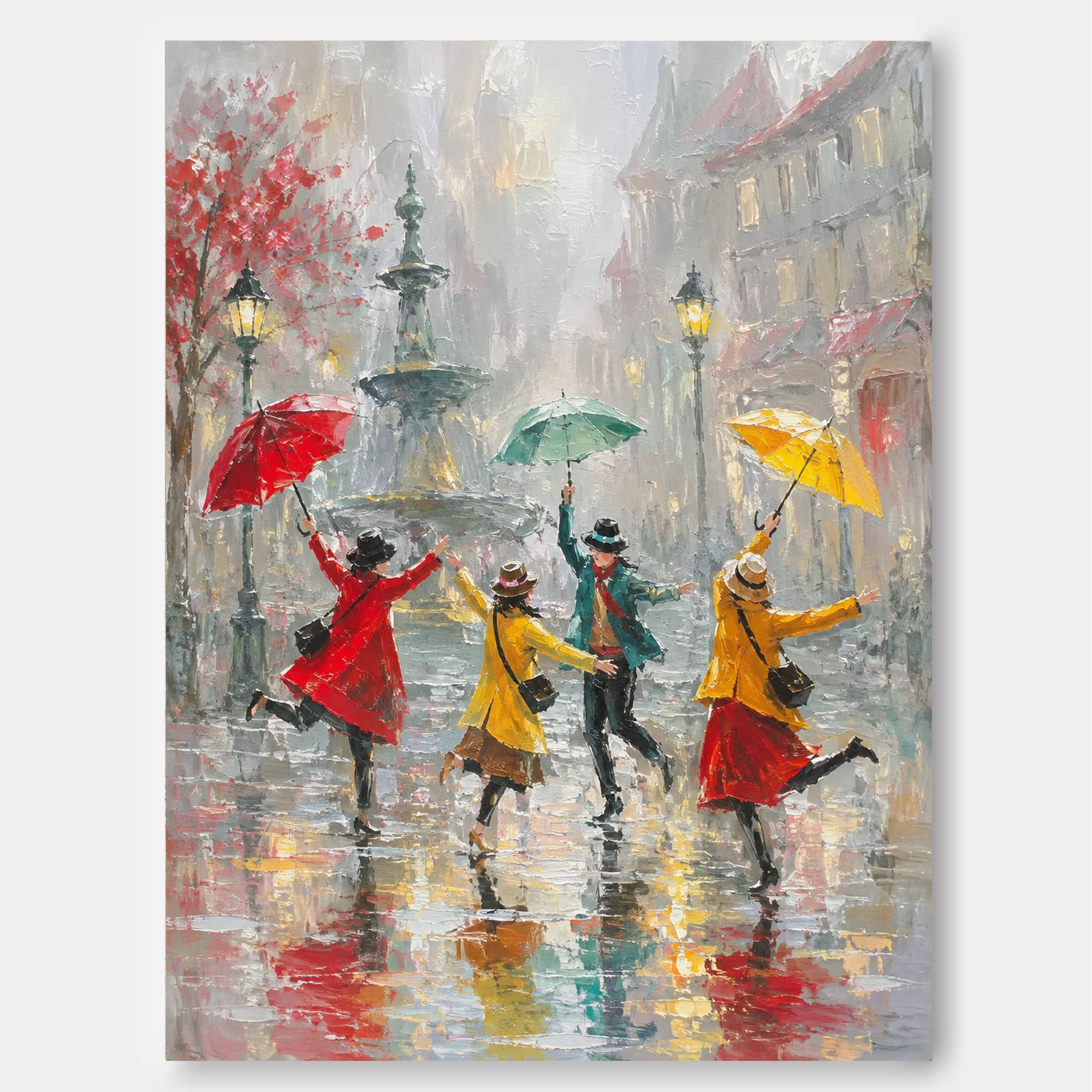 Colorful Umbrella Street Scene Canvas Art With Fountain And Lamp Post Details