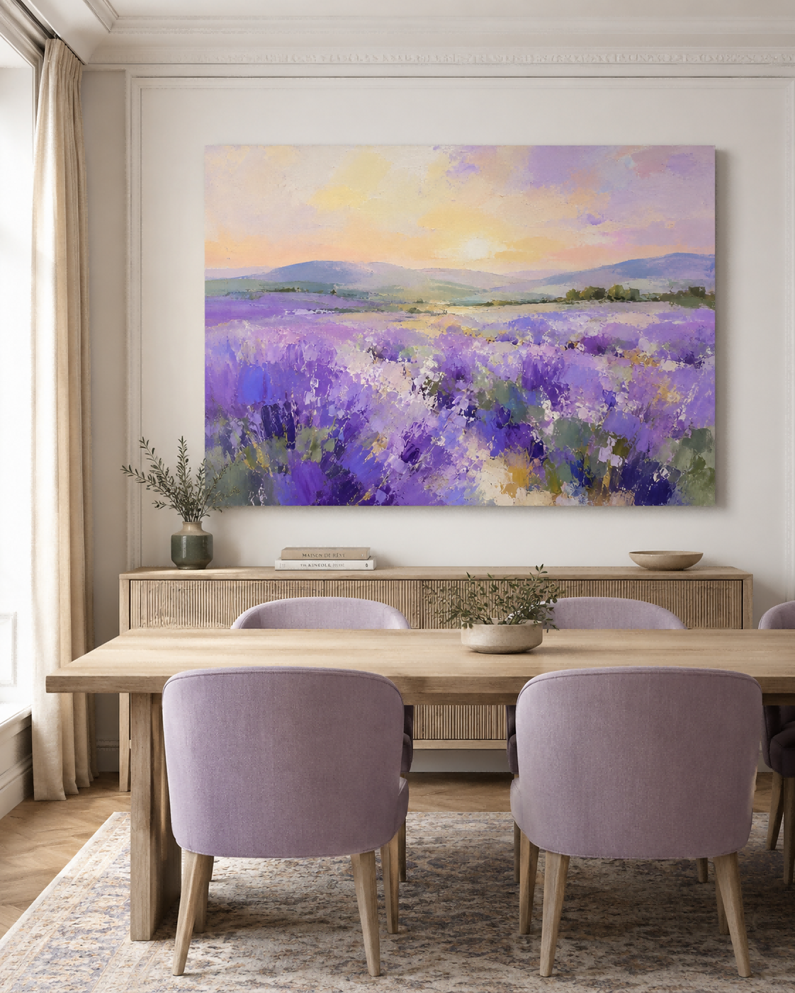 Hand-Painted Lavender Field Landscape Canvas Art With Sunset Mountains