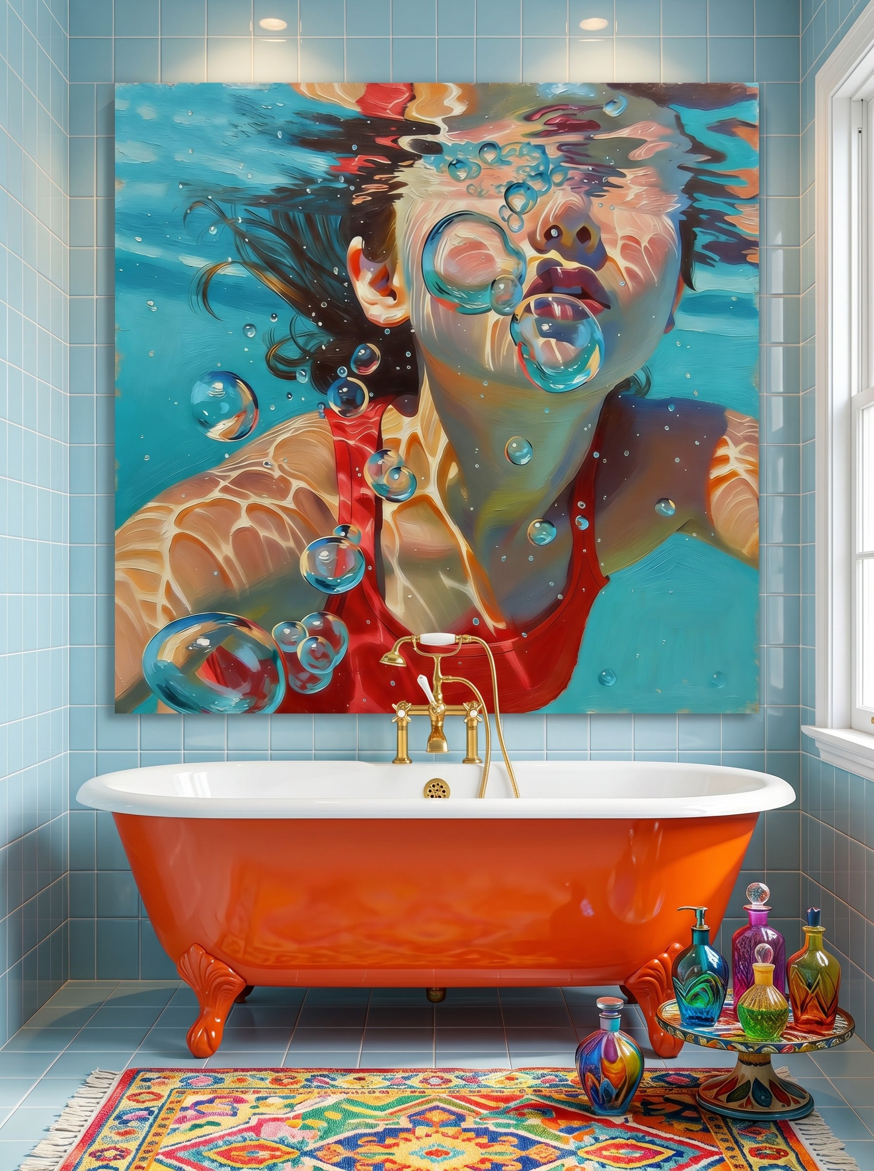 Vibrant Swimming Pool Art Girl Underwater Scene Square Oil Painting On Linen