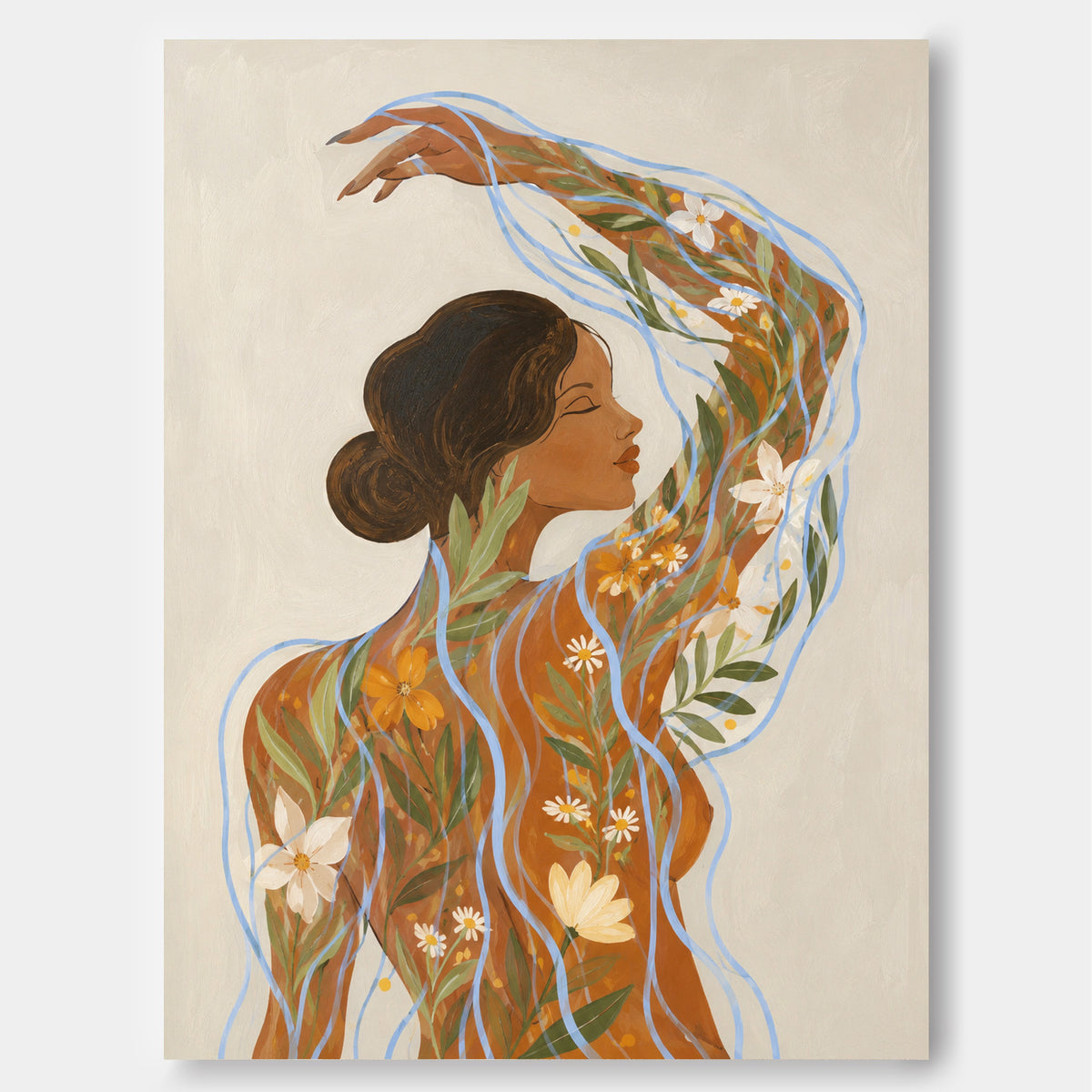 Hand-Painted Abstract Floral Woman Canvas Art With Blue Waves For Modern Home Decor Bohemian Wall Art
