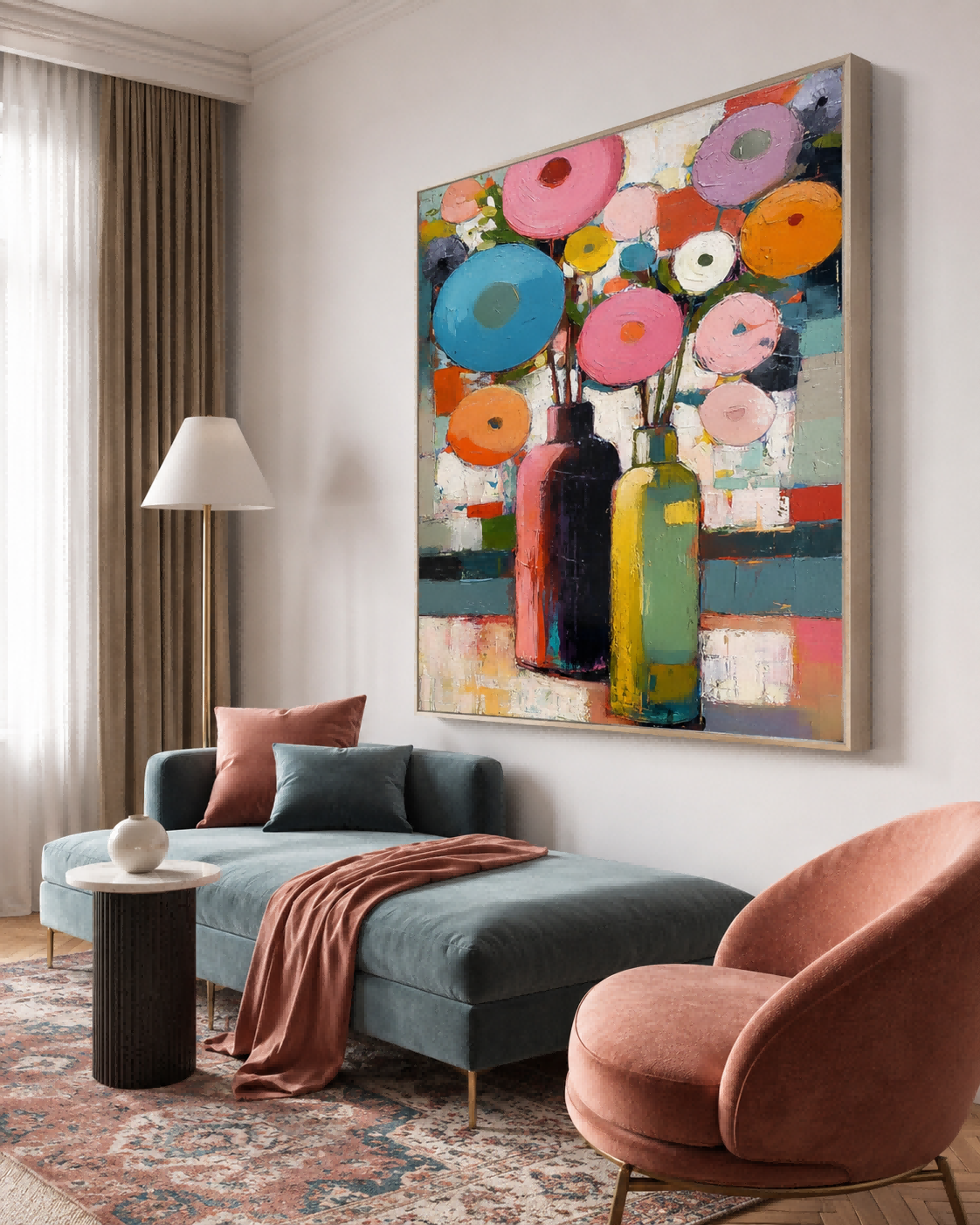 Vibrant Geometric Floral Art With Colorful Vases For Modern Living Room Wall Decor
