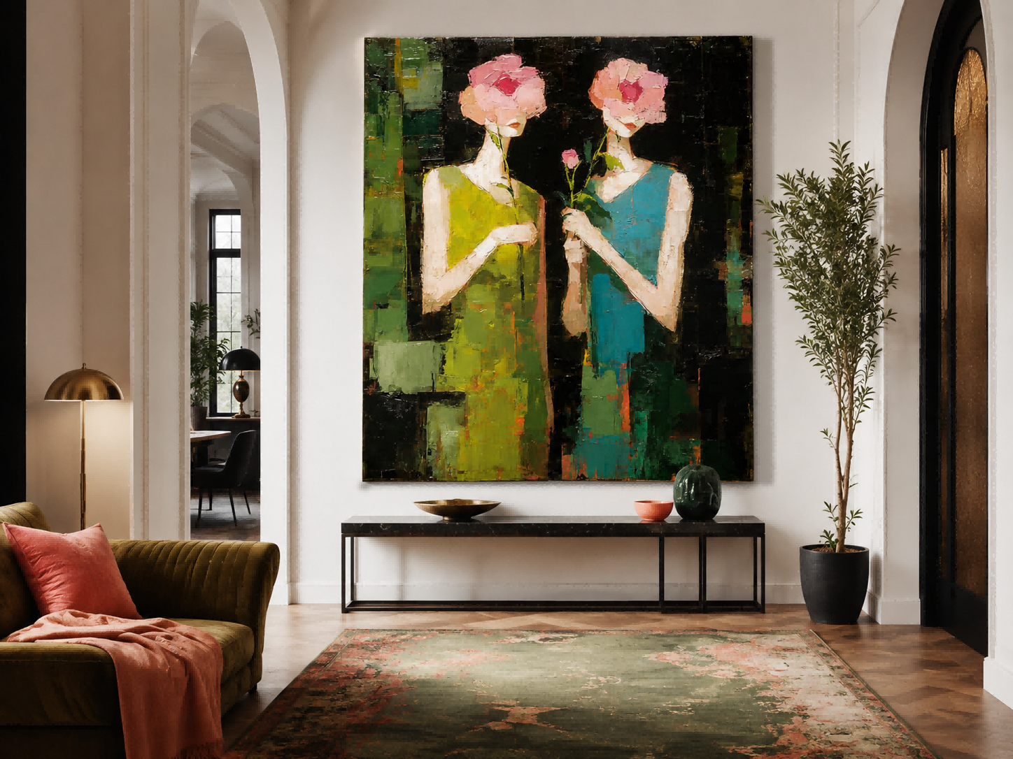 Vintage Floral Portrait Art With Expressive Brushwork For Chic Living Room Decor