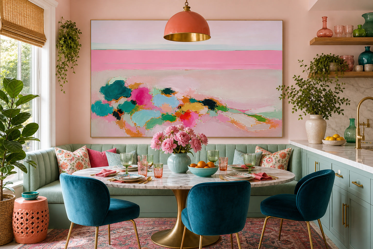 Contemporary Pink And Teal Ocean Art For Stylish Beach House Interior Design