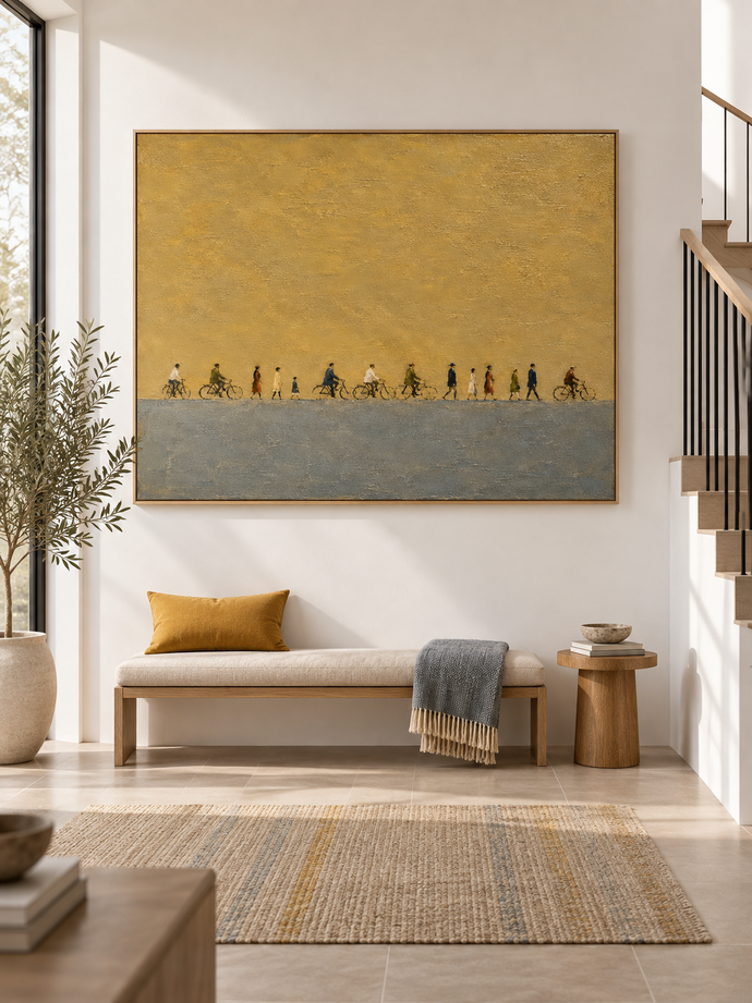 Vintage People Procession Hand-Painted Canvas Art In Gold And Grey Tones