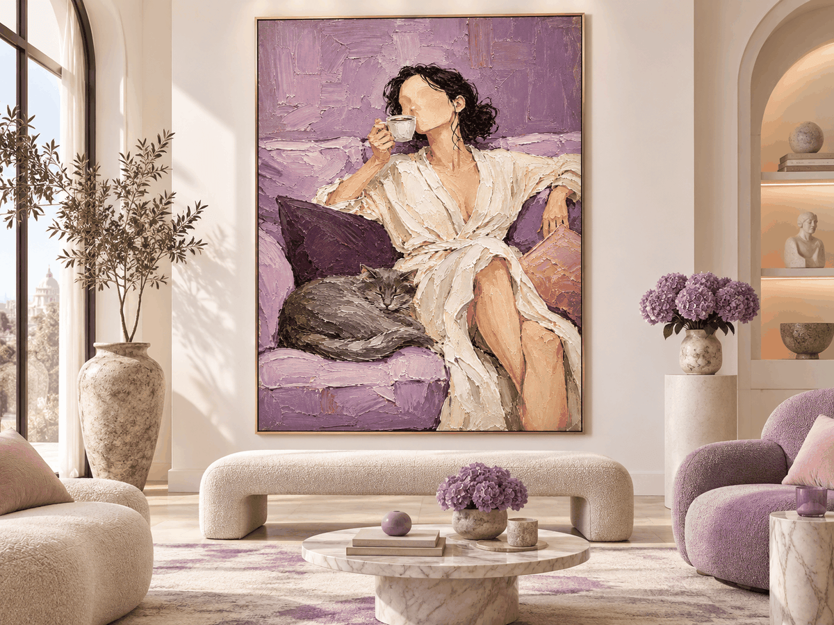 Impressionist Textured Art Vintage Style Purple Canvas Painting Woman With Cat Coffee Hand-Painted Canvas Art