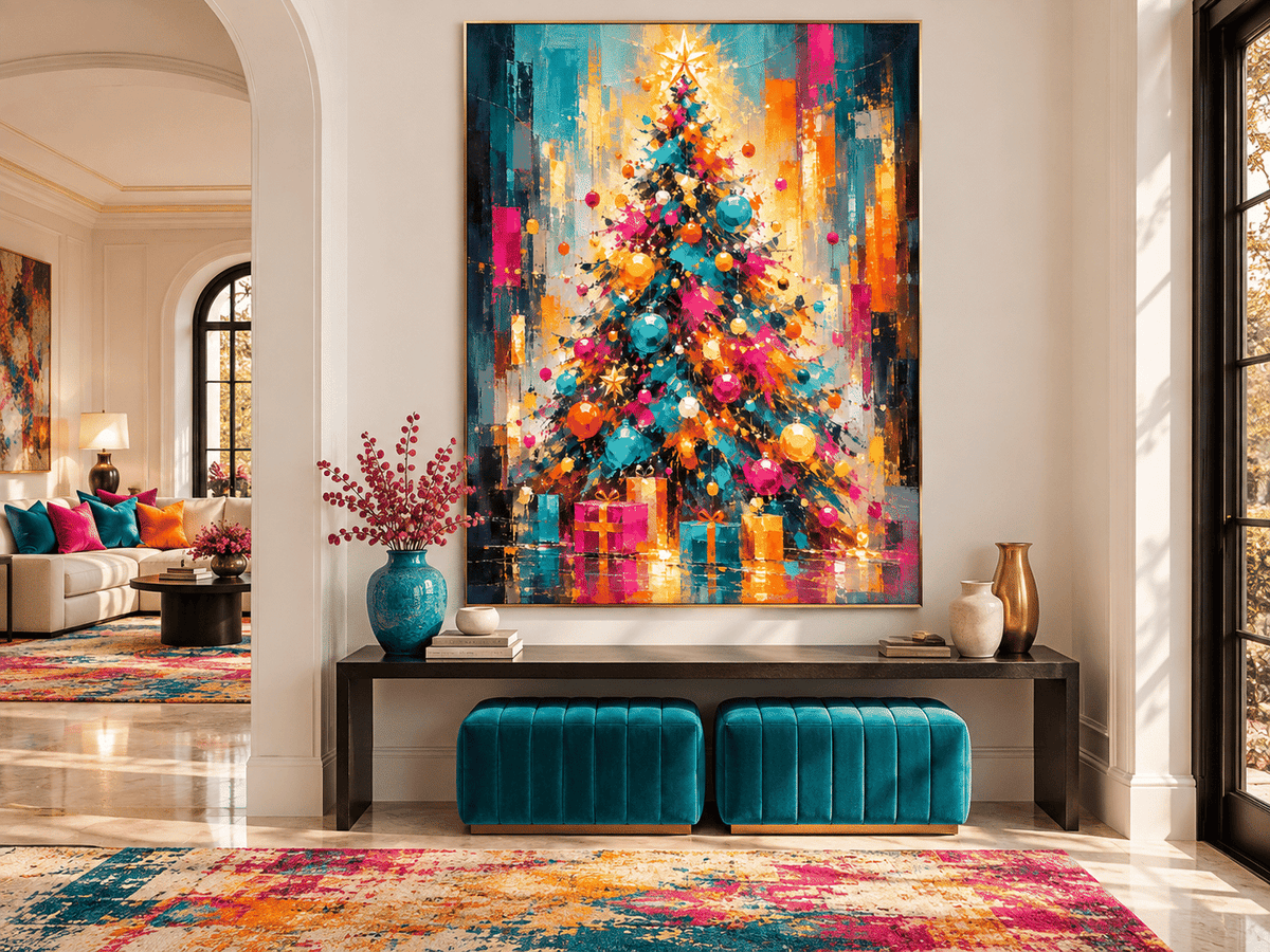 Abstract Christmas Tree Canvas Painting With Gold And Blue Ornaments Textured Canvas With Vintage Vibes