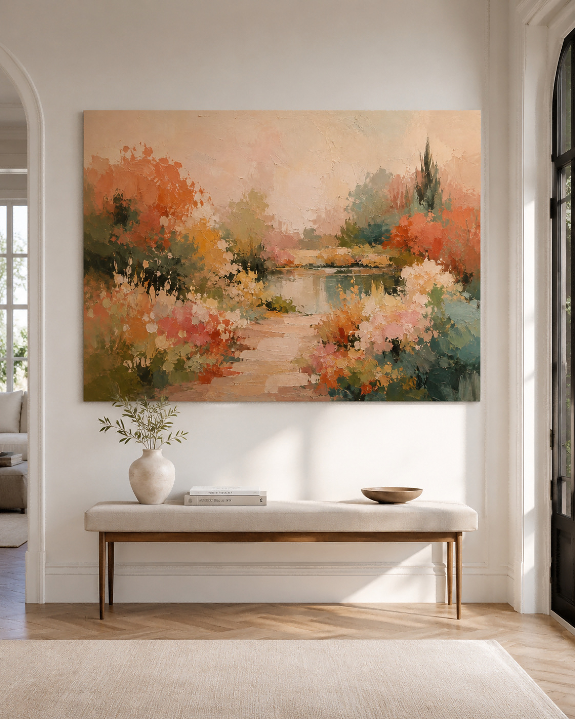Autumn Garden Path Hand-Painted Canvas Art With Warm Orange Tones