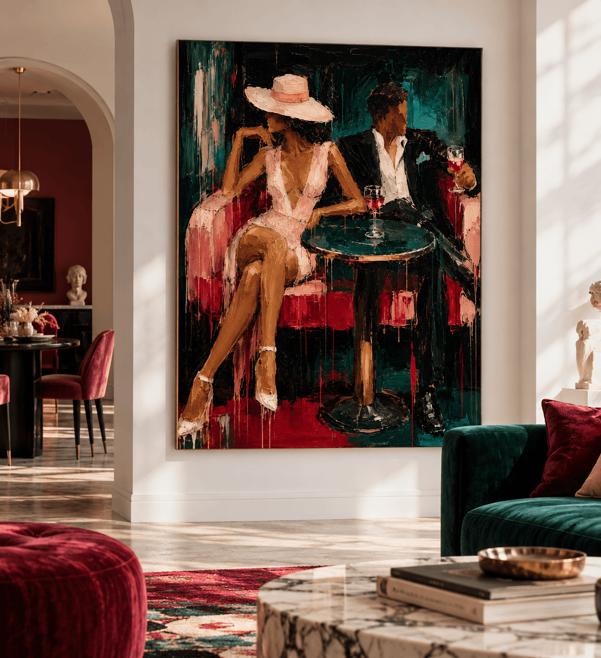 Modern Textured Oil Painting Of Elegant Man And Woman In Retro Style