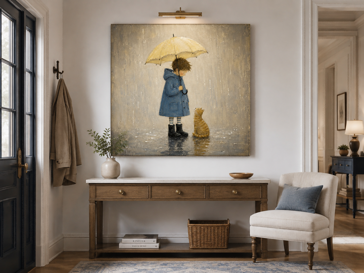 Vintage Boy And Cat Painting With Umbrella In Rain For Nursery Wall Art Decor