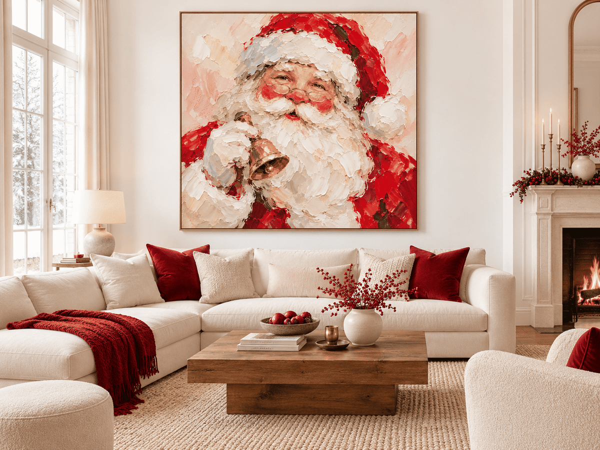 Smiling Santa With Golden Bell Hand-Painted Canvas Art In Red And White