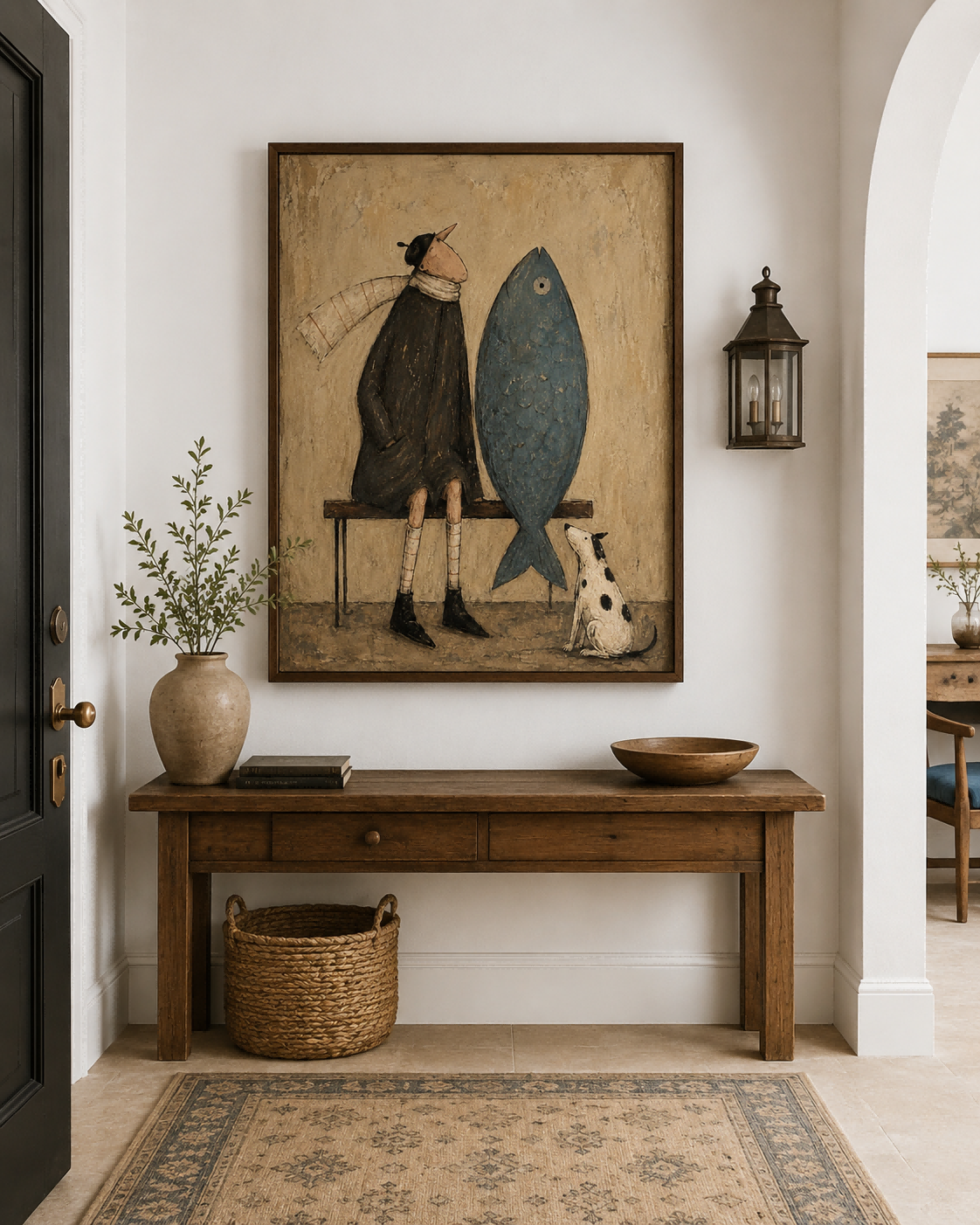 Whimsical Vintage Canvas Painting Of Man And Giant Fish Original Art