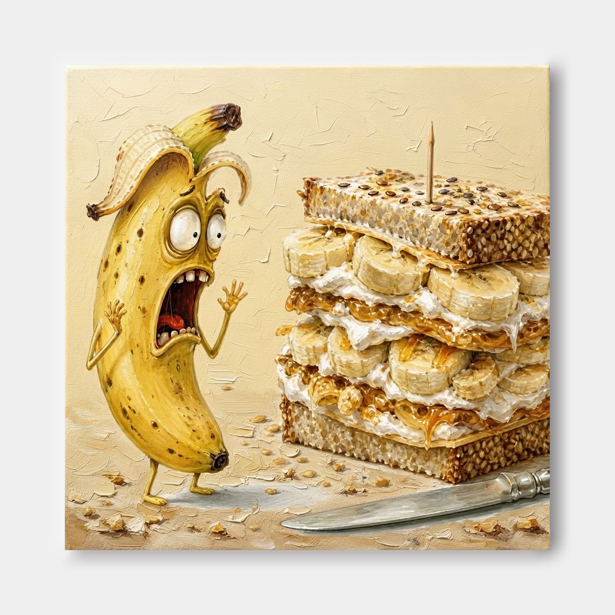 Cute Pop Surrealism Oil Painting Of Funny Banana And Sandwich For Home