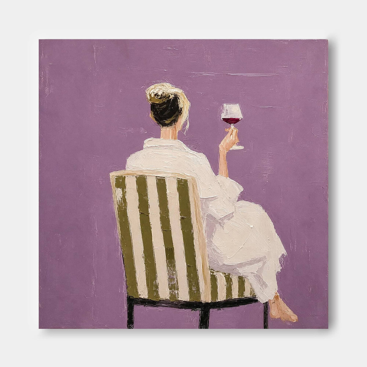 Woman With Wine Glass Hand-Painted Canvas Art In Purple And White Modern Living Room Wall Art With Elegant Woman And Striped Chair